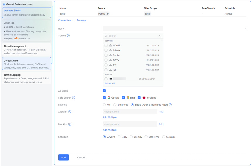 Ubiquiti UniFi CyberSecure parental controls, content filtering and Safe Search settings